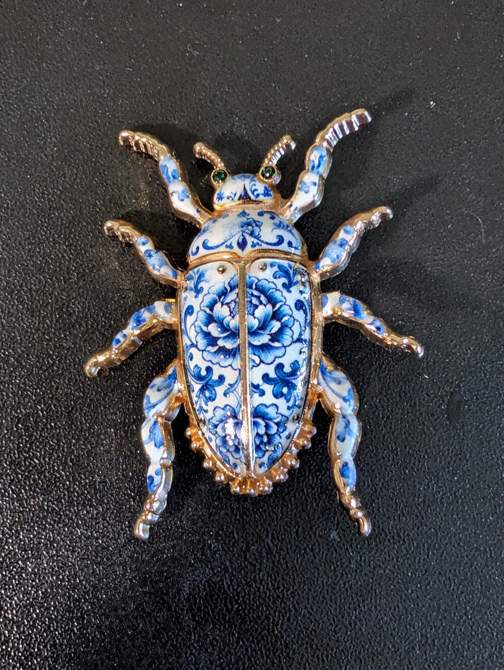 Blue Floral Ceramic Beetle Accent Pin Brooch
